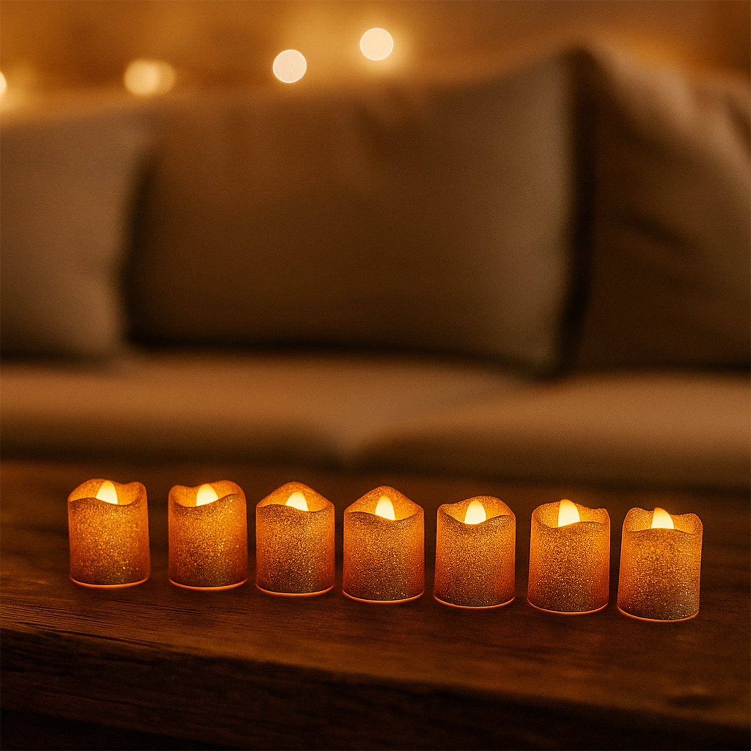 LED tealight candles arranged on festive table setting