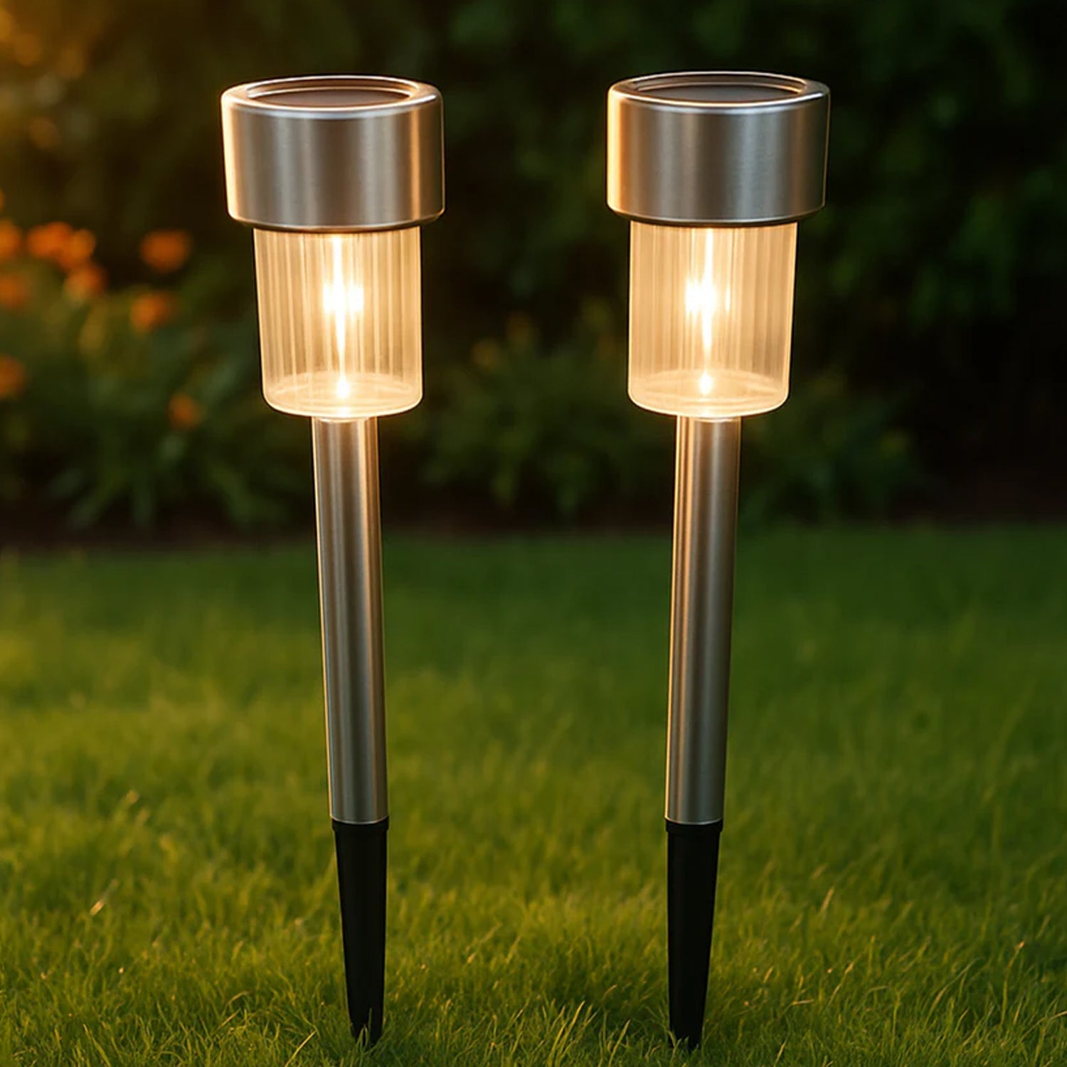 Lifestyle image showing solar lawn lamps illuminating garden edge