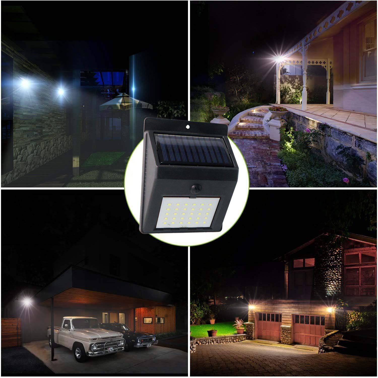 solar LED wall light showing specifications and durable plastic body