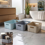 Multipurpose plastic storage basket set of three in assorted colours.