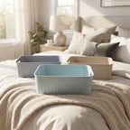 Individual plastic storage basket in a clean white background.