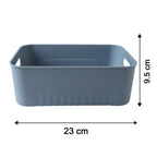 Dimensions of the multipurpose plastic storage baskets shown for sizing.