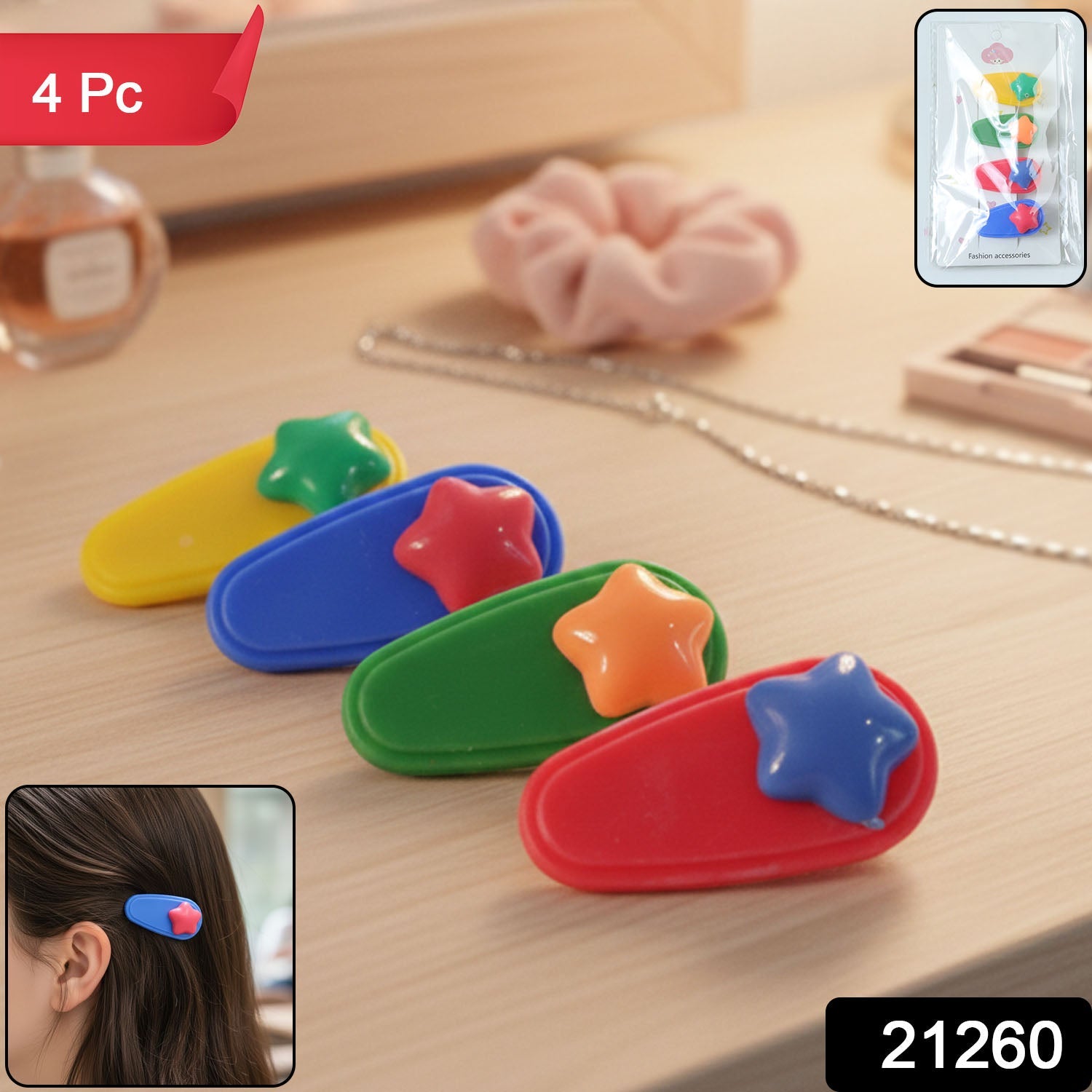 Star hair clip holding styled hair with vibrant colors