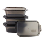 Three rectangular food storage boxes neatly stacked for efficient kitchen space.