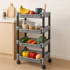 Angled view of Apex 4-layer plastic storage rack showing basket ventilation
