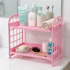 Two tier plastic storage organizer shelf for compact spaces