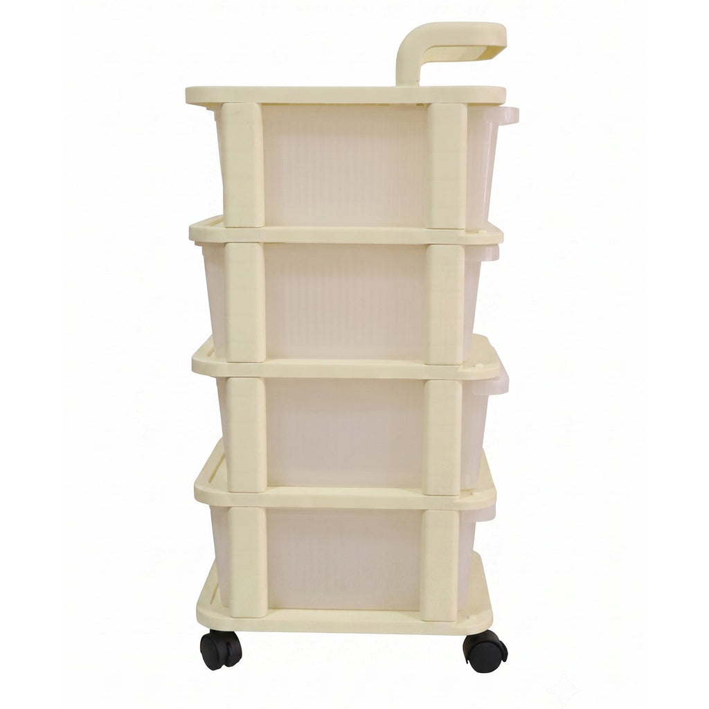 Mobile storage trolley with four drawers and castor wheels