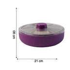 Size comparison of purple rotating snack storage container