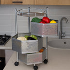 Kitchen trolley rack with ventilated hexagon baskets for organizing vegetables and fruits