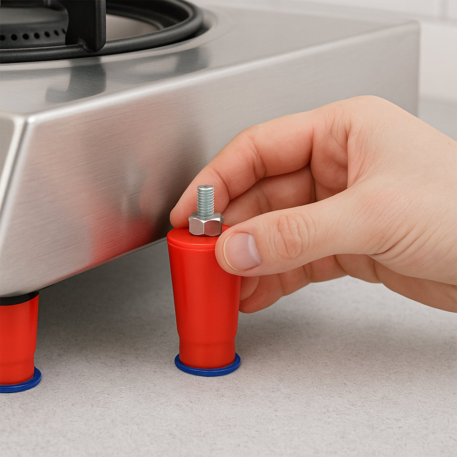 Installation view of heavy-duty gas stove legs ensuring stability.
