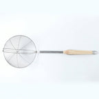 Stainless steel frying strainer with long handle for safe kitchen use