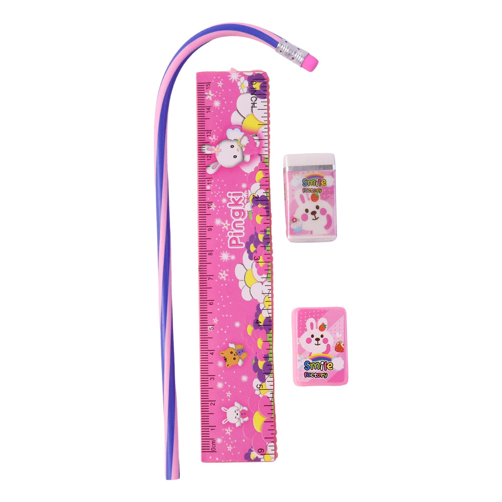 Flexible pink pencil and matching school supplies set designed for young students.