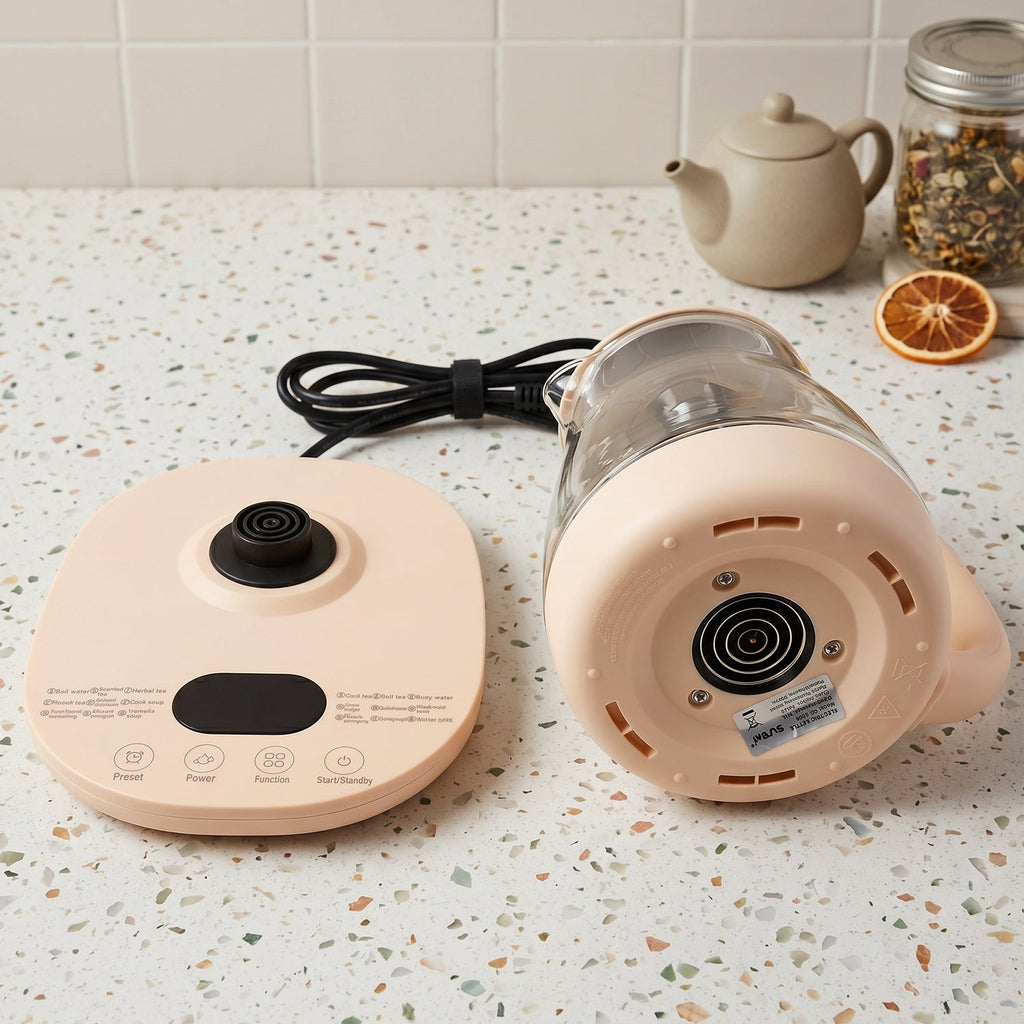 Tea brewing electric kettle with glass body and infuser basket
