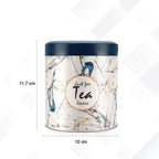 Three plastic storage containers labeled for tea, coffee, and sugar with printed designs