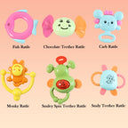 Set showing colorful baby rattles with various textures for sensory play