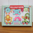 Multiple colorful baby rattles arranged for early learning activities