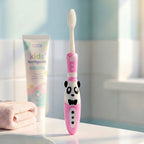Kids toothbrush with panda design and accompanying fidget spinner