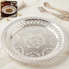 Decorative silver serving tray round floral