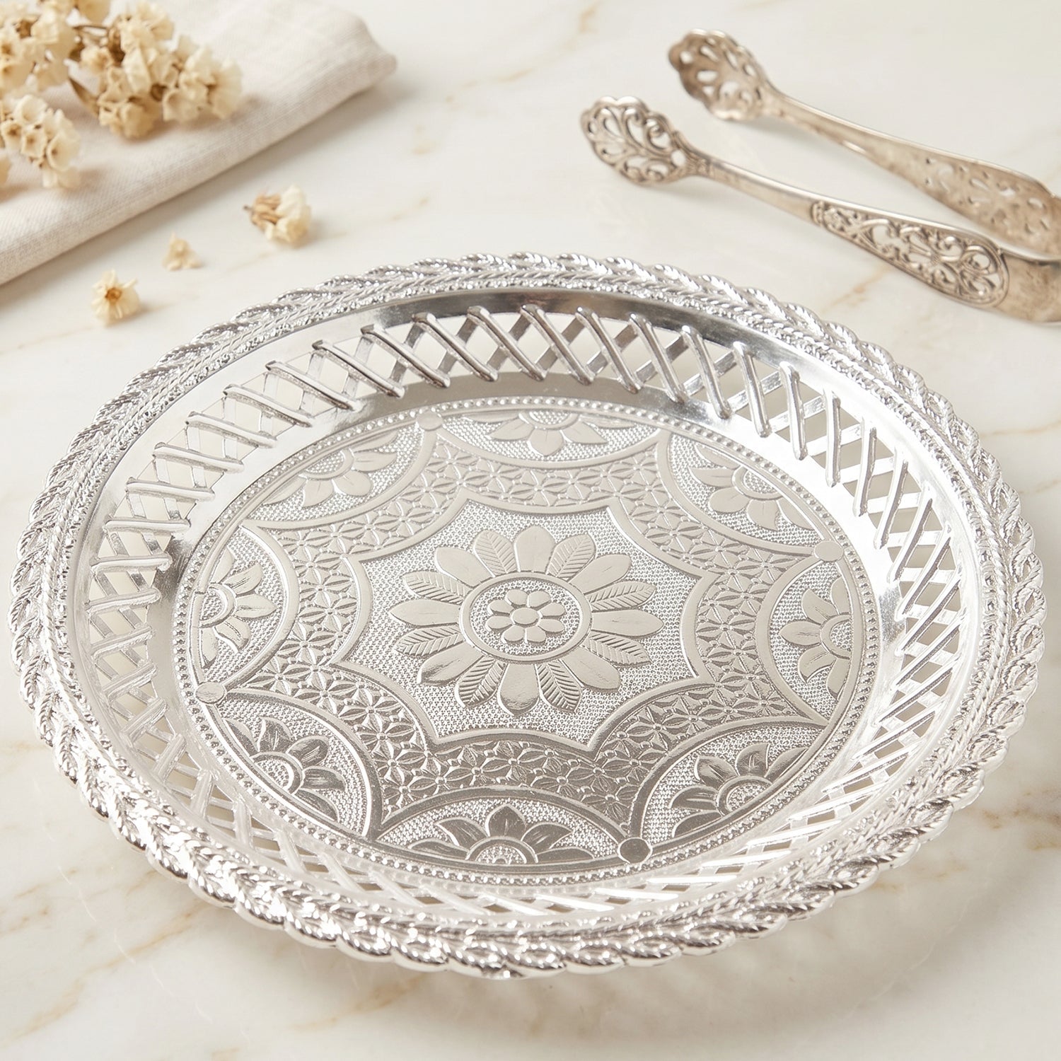 Silver serving tray white bg