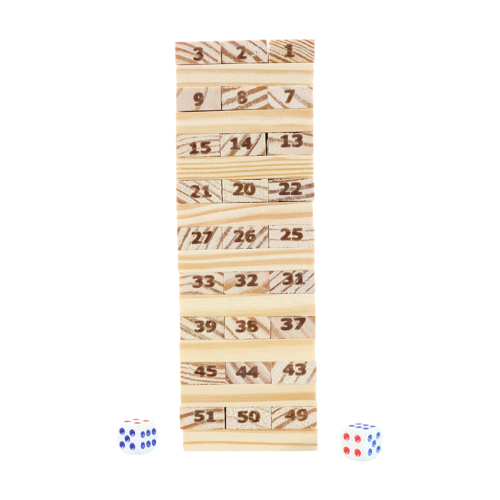 Close view of numbered wooden blocks used in Tumbling Tower game