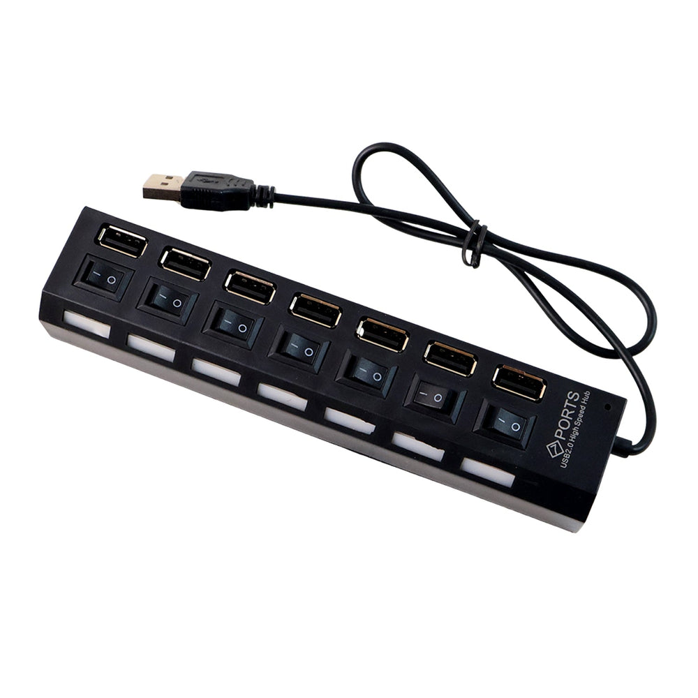 LED indicators on the 7 port USB hub showing active data ports.