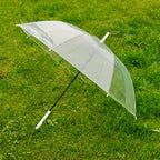 Close-up of curved handle on transparent dome umbrella for comfortable grip