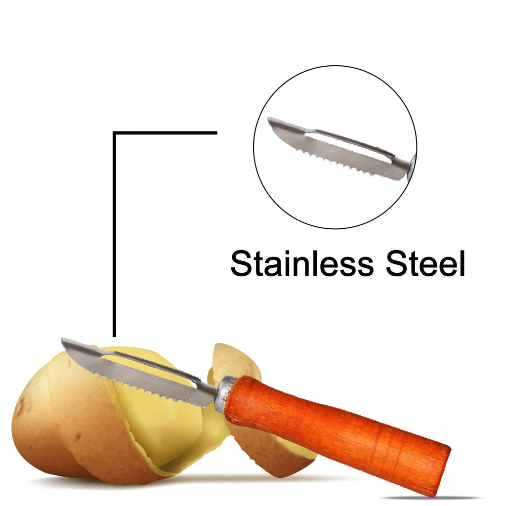Hand holding a stainless steel peeler with a wooden handle, demonstrating its use.