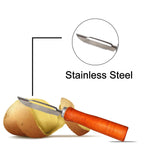 Hand holding a stainless steel peeler with a wooden handle, demonstrating its use.