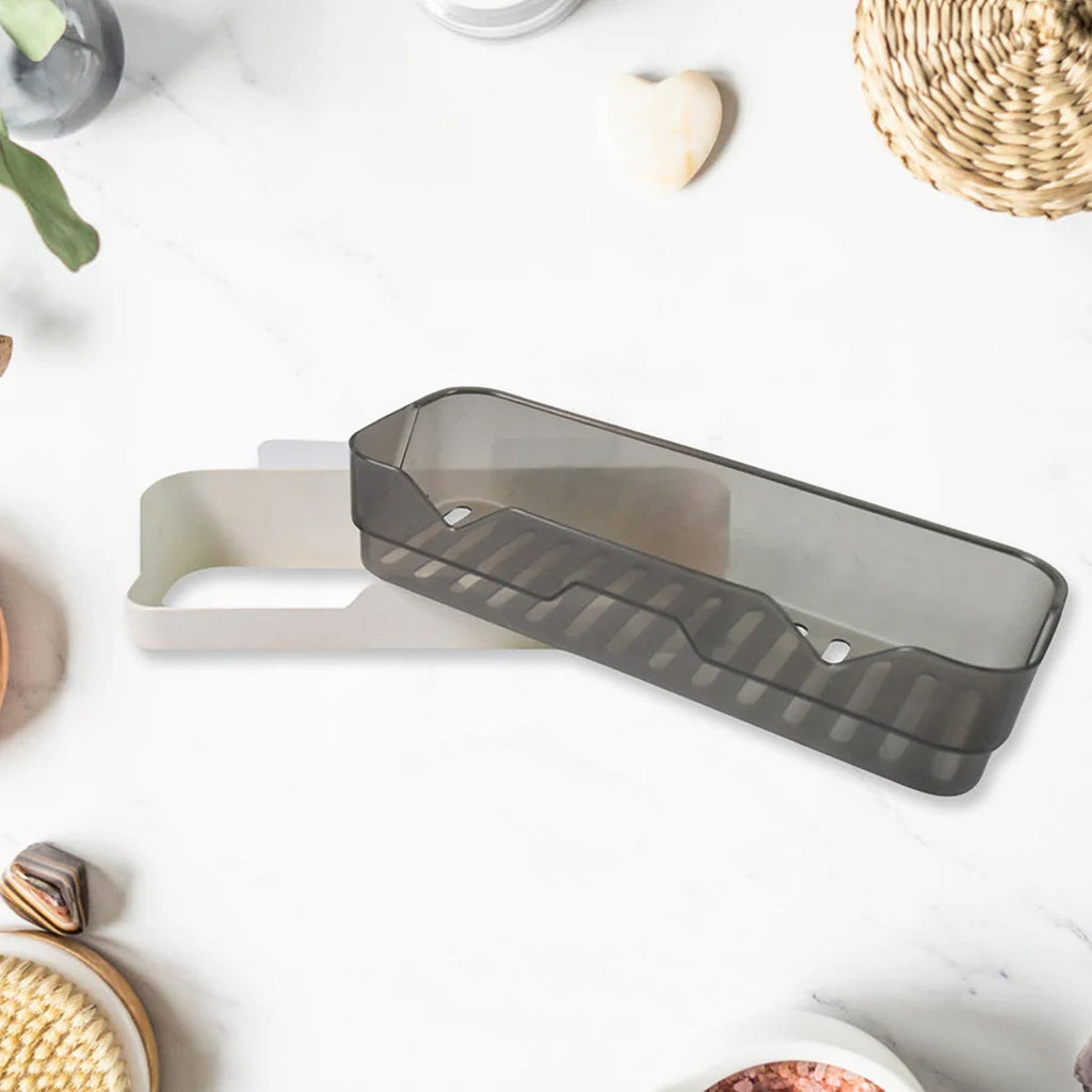 Detail of wall mounted durable plastic storage shelf