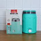 Insulated water jug used outdoors, demonstrating its portability for travel or picnics.