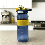 Close-up front of sports water bottle with measurement scale visible