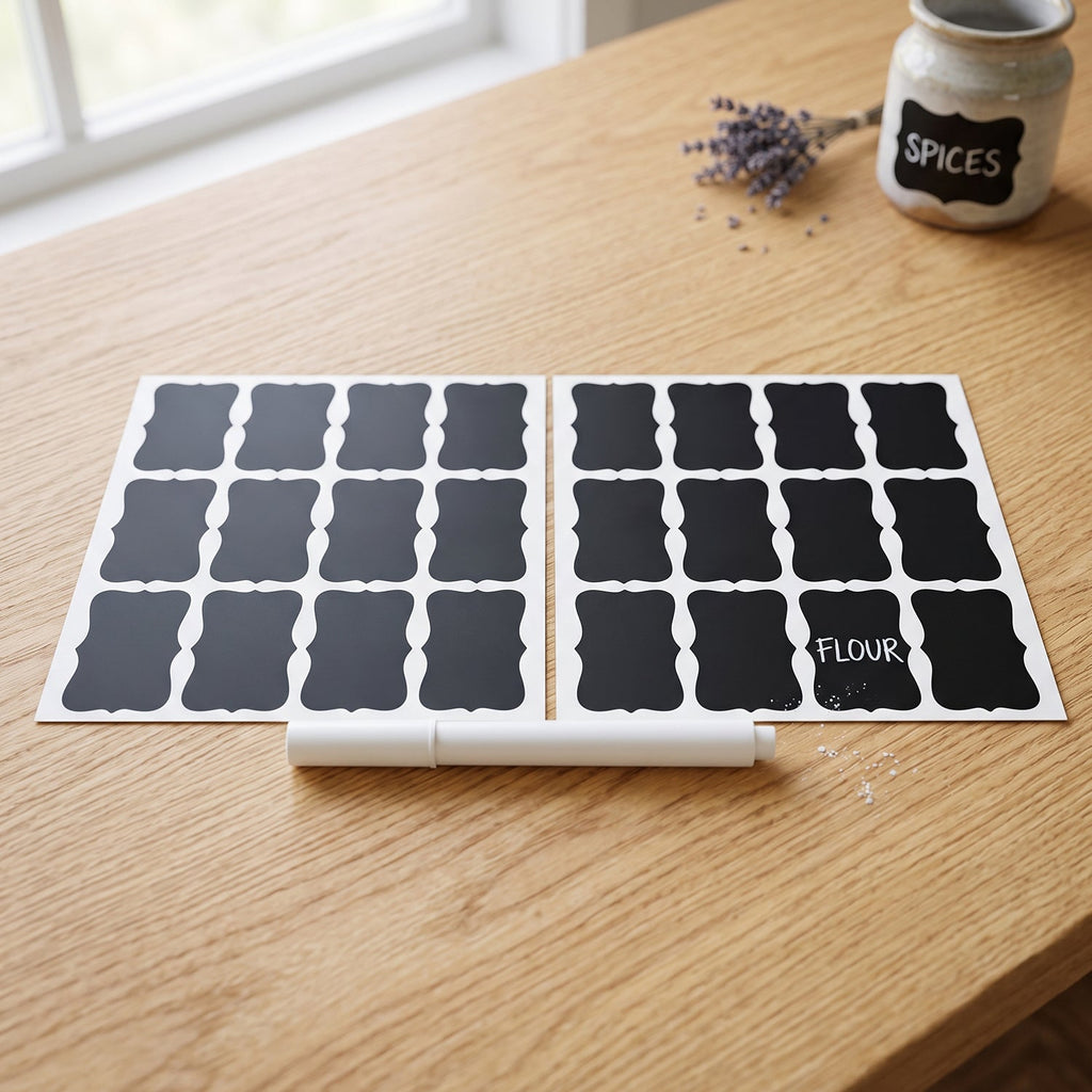 Decorative chalkboard label set with marker for organizing
