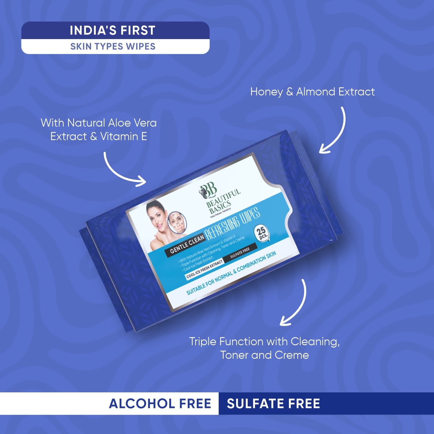 Several packs of Beautiful Basics facial wipes, convenient for travel.