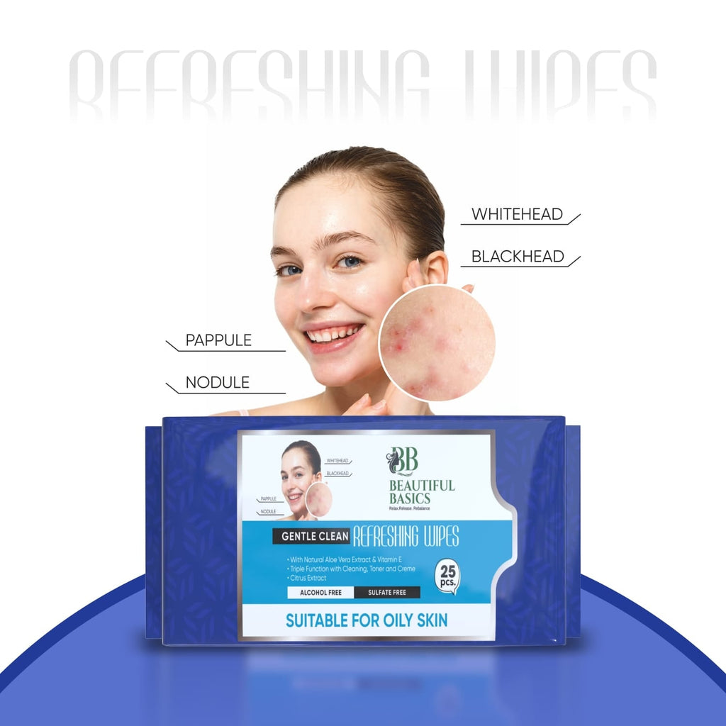 Open pack of Beautiful Basics Gentle Face Wipes, showing the moist texture.