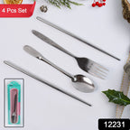 Open portable stainless steel cutlery set showing fork, spoon, chopsticks, and travel case