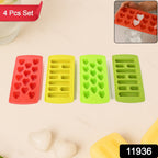 Assorted colors of quick-freeze plastic ice cube trays with fun heart and stick shapes