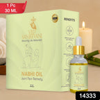 Close-up of joint relief oil applied to navel area for stiffness and arthritis