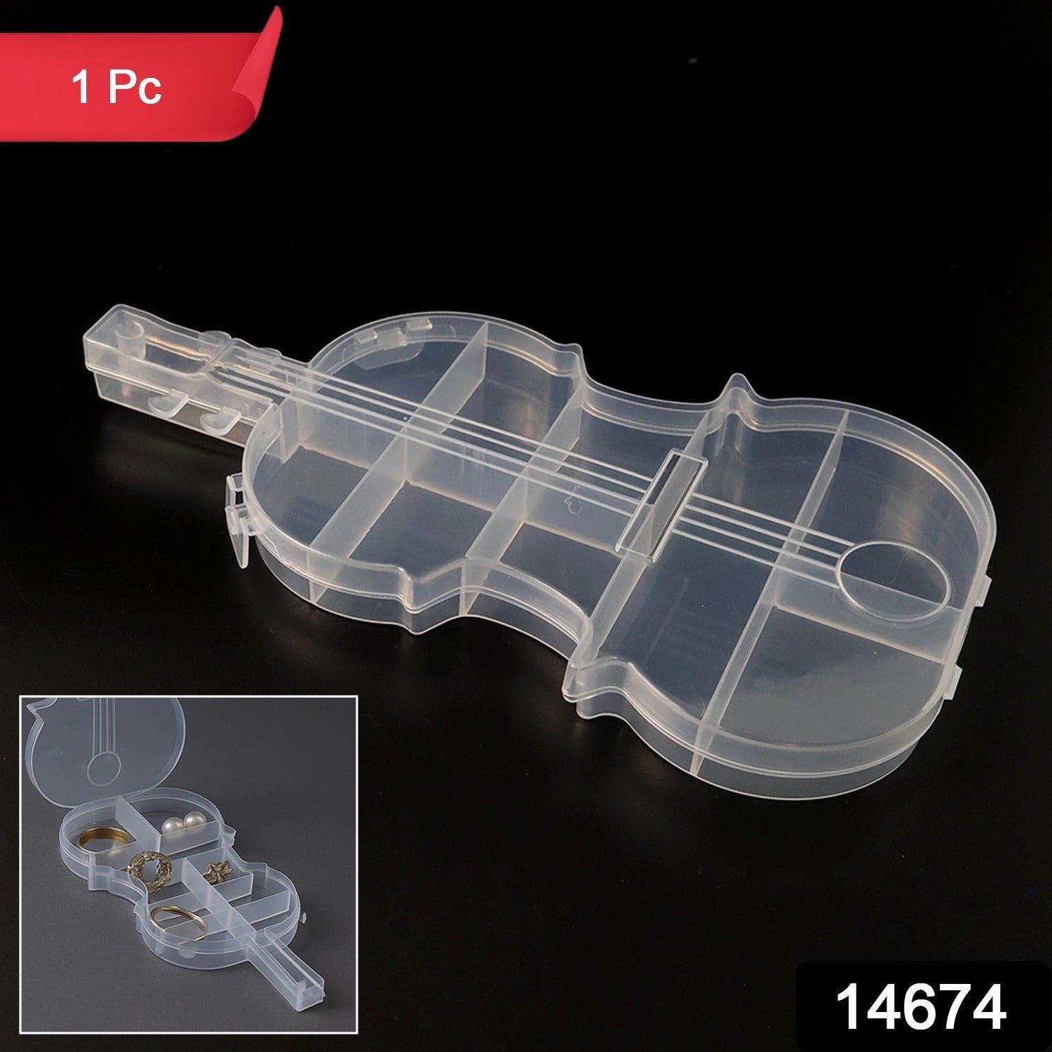 Violin shape plastic organizer showing secure snap-lock lid