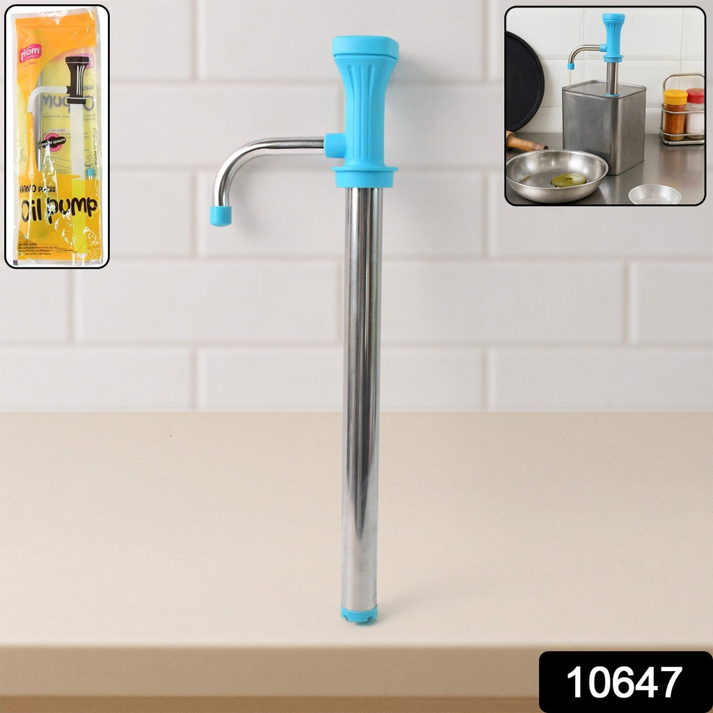 Using manual oil pump dispenser pouring cooking oil in kitchen