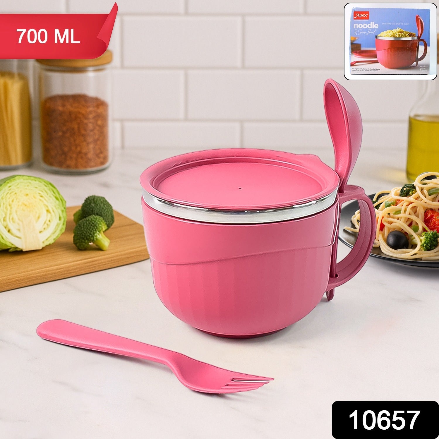 Side view of Apex 700 ML noodle bowl with handle and lid