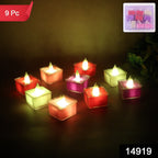 Battery operated LED flameless tealight candles in a decorative setup
