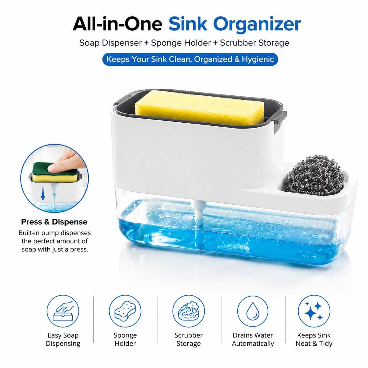 Dish Soap Dispenser & Sponge Holder – Compact & Durable | VelvetBubbles