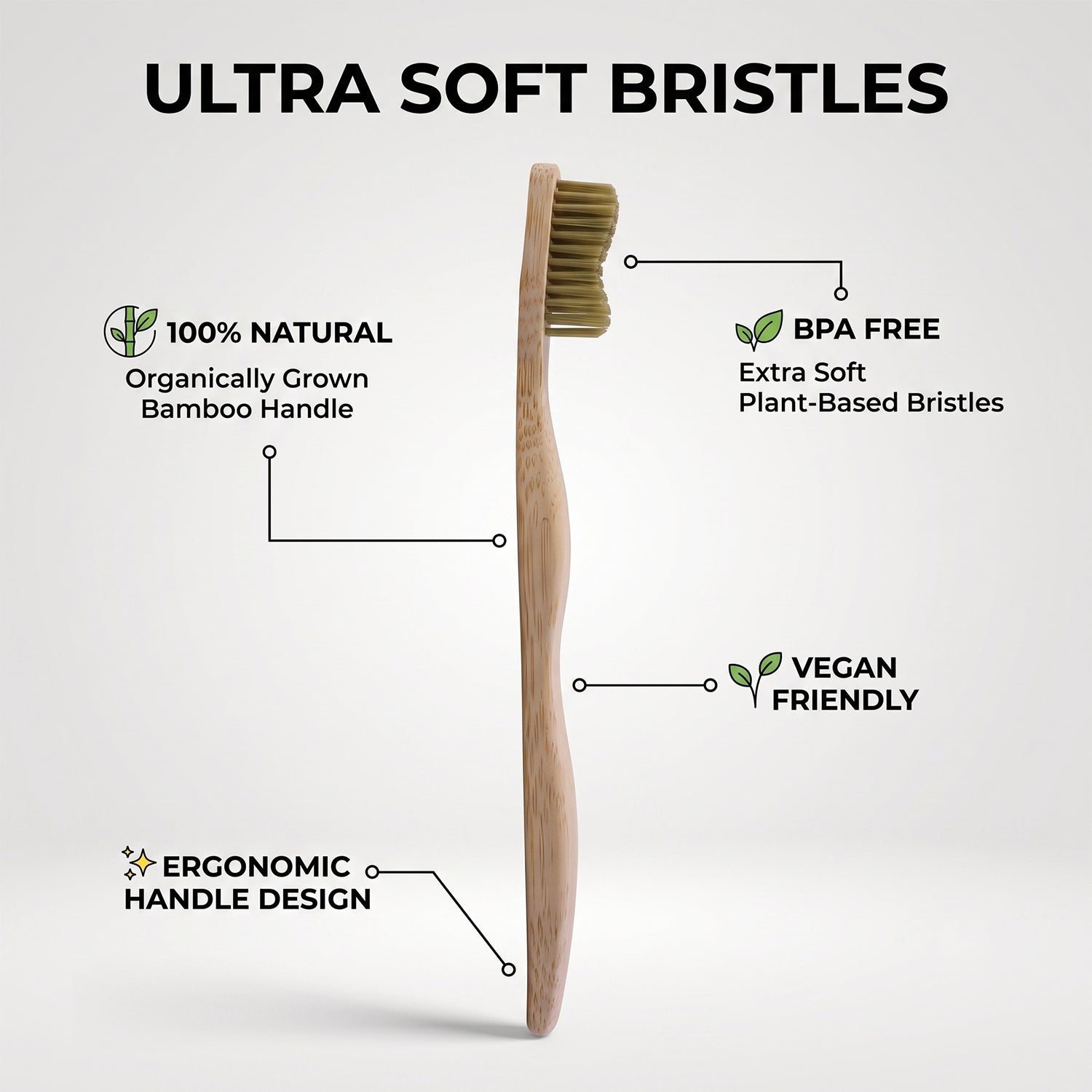 Soft Bristle Bamboo Toothbrush, Eco-Friendly Wooden Toothbrush with Green Bristles (1 Pc)
