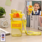 Girls dual compartment plastic water bottle with a straw and carry strap.