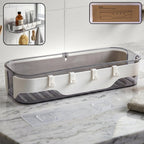 Modern transparent bathroom wall shelf with white accents and three hooks for accessories