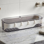 Wall-mounted transparent bathroom storage shelf with hooks for towels and toiletries