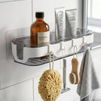 Transparent bathroom shelf holding toiletries and small items