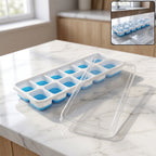 Blue plastic ice cube tray with lid for hygienic freezing