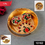 Top-down view of the gold-tone Peacock Meenakari Pooja Tray set.