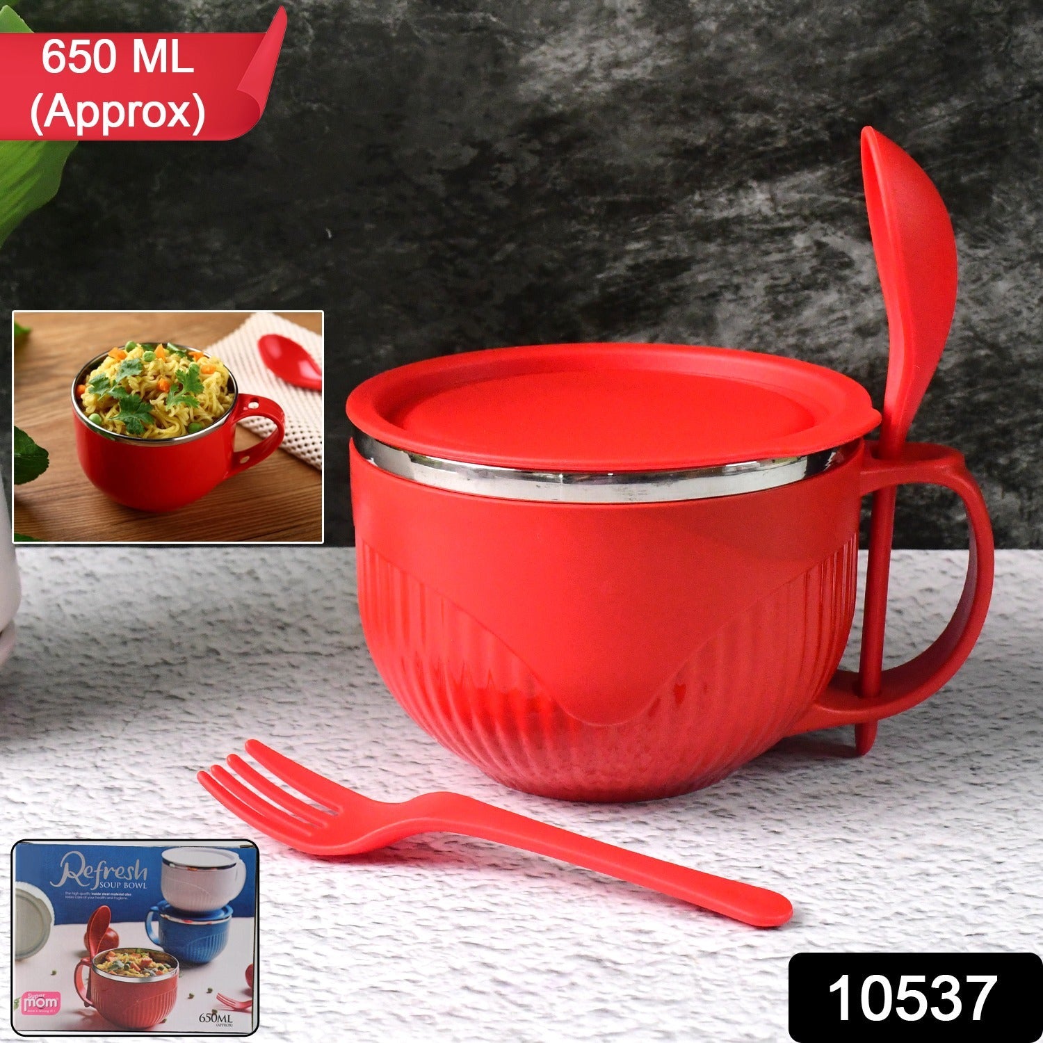 Insulated soup bowl showing included spoon and fork cutlery set, perfect for meals.
